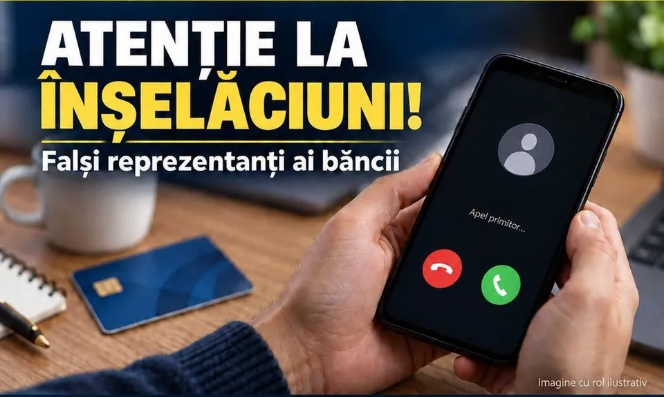 O persoană ține un telefon mobil care afișează un apel primit, lângă un card bancar și o cană pe o masă de lemn.
