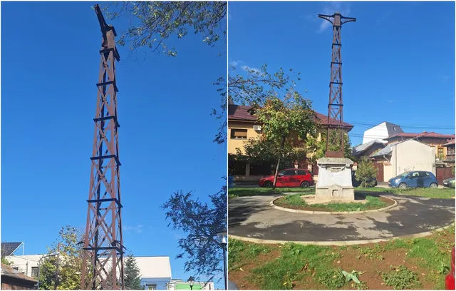 Două fotografii prezintă un stâlp metalic înalt și subțire, situat pe un teren cu iarbă lângă o clădire și o stradă.