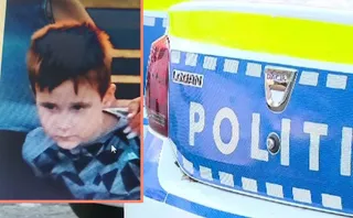 Un colaj format dintr-o fotografie cu un copil și o imagine cu spatele unei mașini de poliție albastră și galbenă.