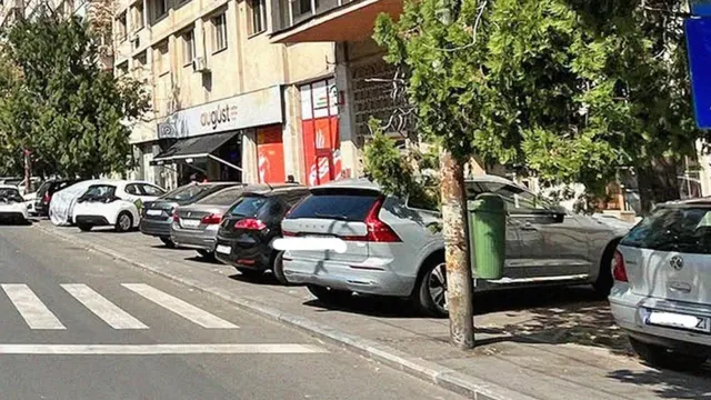 Mai multe mașini sunt parcate pe trotuar, în dreptul unei treceri de pietoni marcate pe asfalt, lângă un copac și un coș de gunoi verde.