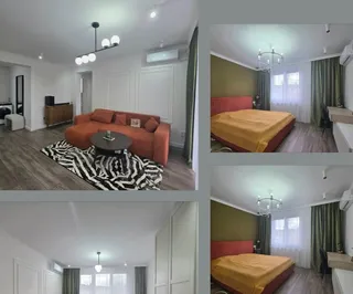 Imagine compusă cu interiorul unui apartament, prezentând o canapea portocalie pe un covor cu model zebra, un pat cu lenjerie galbenă și o cameră luminoasă.