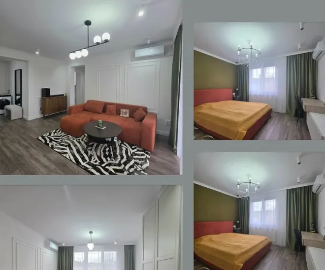 Imagine compusă cu interiorul unui apartament, prezentând o canapea portocalie pe un covor cu model zebra, un pat cu lenjerie galbenă și o cameră luminoasă.