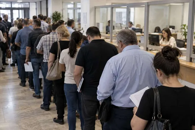 O linie de persoane stă în picioare într-o încăpere cu ghișee de serviciu, cu spatele la cameră.