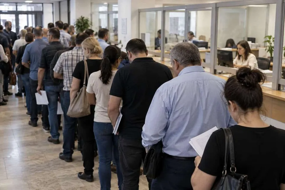 O linie de persoane stă în picioare într-o încăpere cu ghișee de serviciu, cu spatele la cameră.