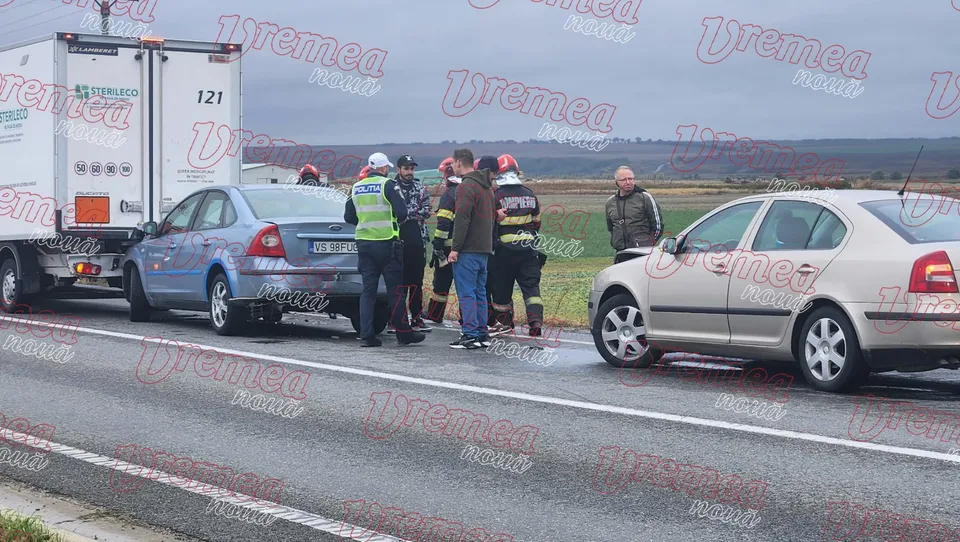 Mai mulți oameni stau pe marginea unui drum lângă un camion alb, o mașină albastră și o mașină gri.