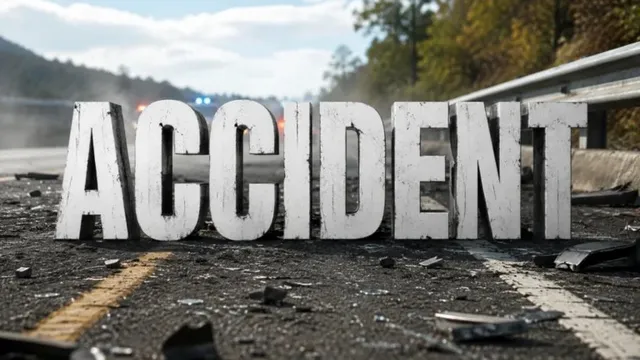 Cuvintele mari, albe, care formează textul ACCIDENT sunt așezate pe un drum asfaltat cu resturi de obiecte împrăștiate pe suprafață.