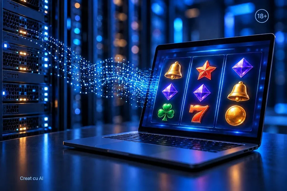 Un laptop deschis afișează pe ecran simboluri de jocuri de noroc, în timp ce particule luminoase albastre par să iasă din dispozitiv spre servere.