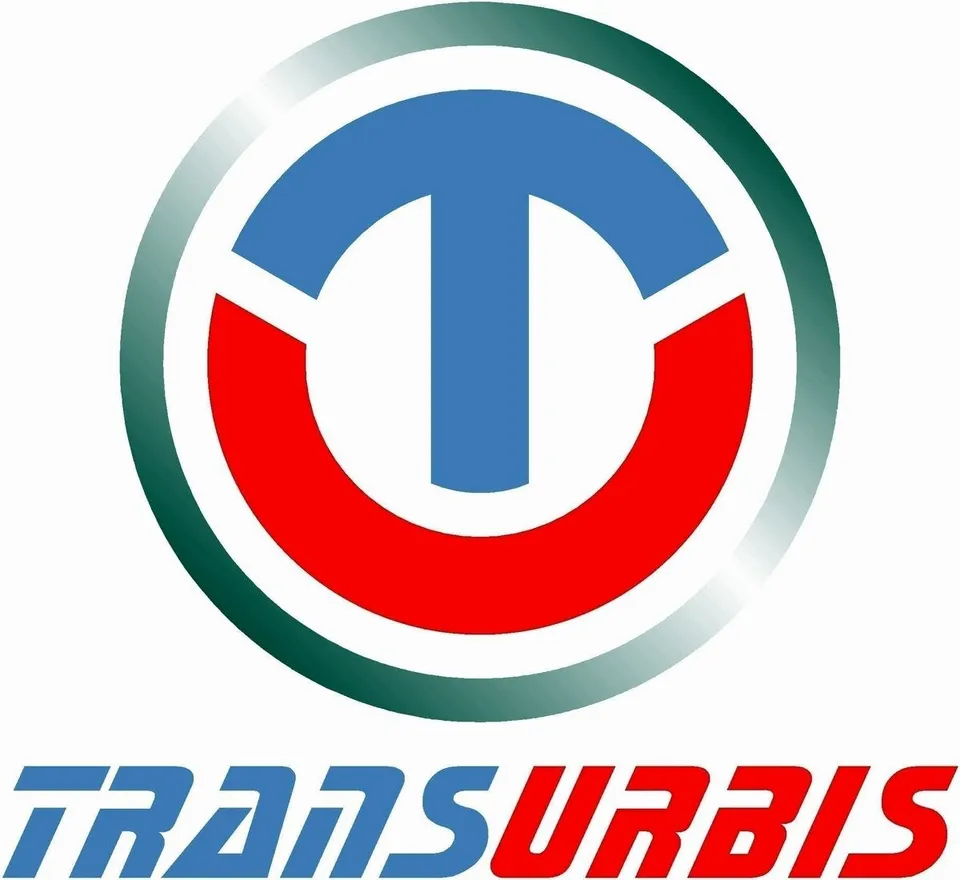 Logo-ul companiei de transport Transurbis, cu un cerc albastru și roșu în interiorul unui cerc verde-argintiu, pe un fundal alb.