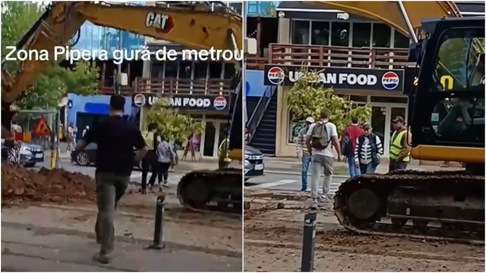 Un grup de persoane merge pe un drum de pământ lângă un excavator galben și o clădire cu un panou albastru pe care scrie textul.