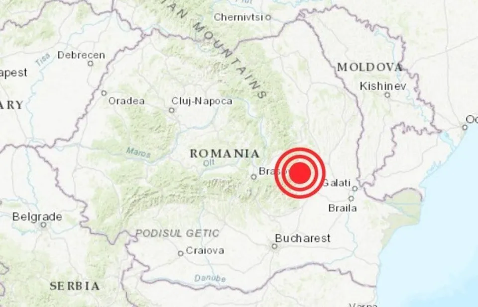 O hartă a României și a țărilor limitrofe prezintă un cerc concentric roșu situat în partea de est a țării.