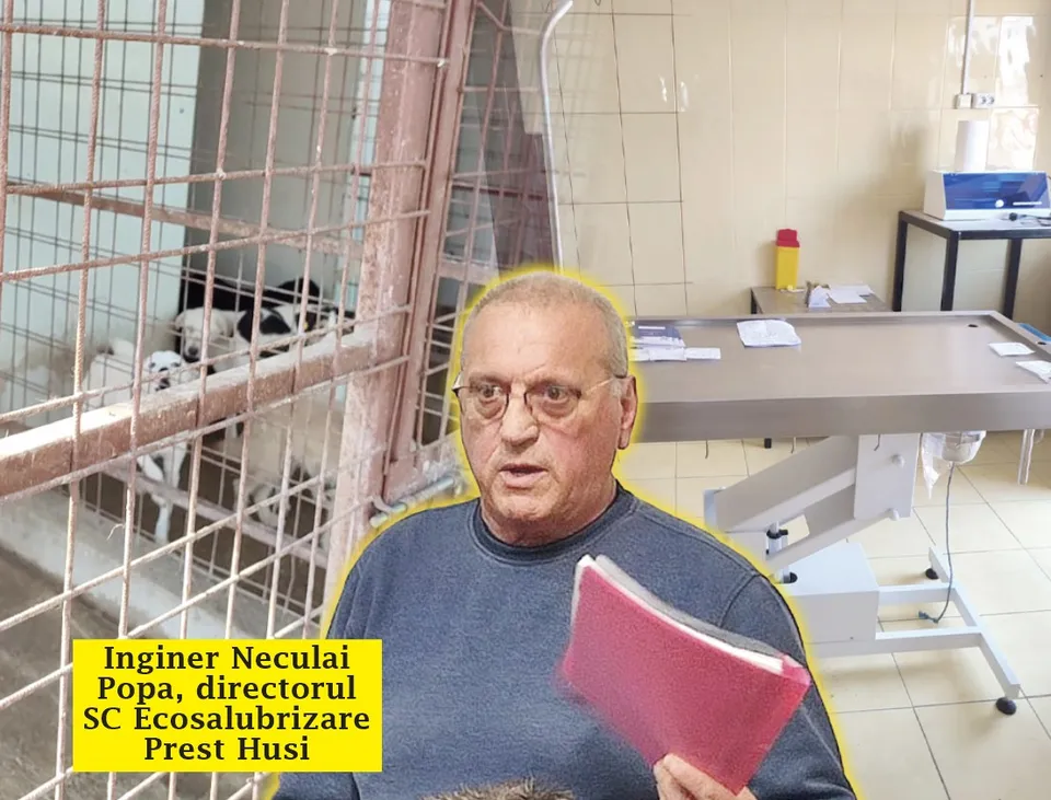 Un bărbat cu ochelari și un dosar roz stă în fața unei mese metalice și a unei cuști cu câini.