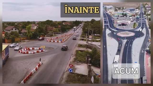 Imagine compusă cu două fotografii aeriene arătând o intersecție rutieră înainte și după construcția unui sens giratoriu cu asfalt și marcaje albe.