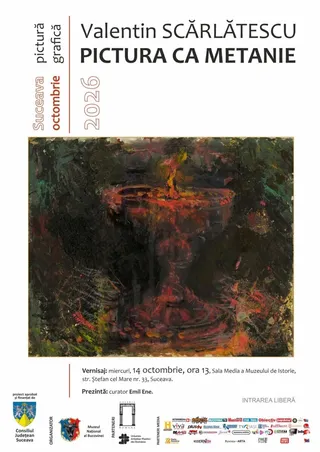 Un afiș prezintă o pictură abstractă cu nuanțe de roșu și negru, textul cu numele artistului și titlul expoziției, precum și detalii despre eveniment.