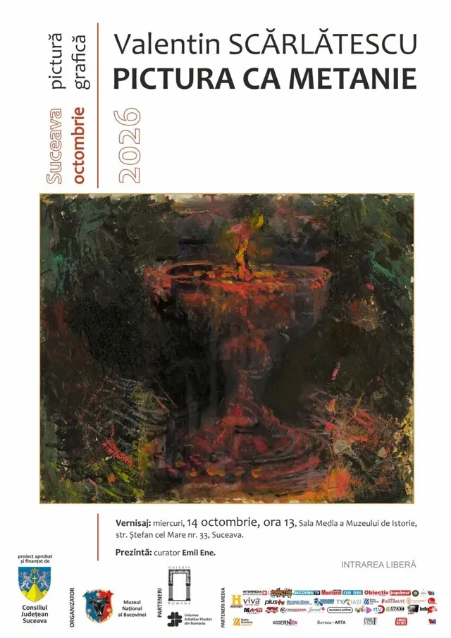 Un afiș prezintă o pictură abstractă cu nuanțe de roșu și negru, textul cu numele artistului și titlul expoziției, precum și detalii despre eveniment.