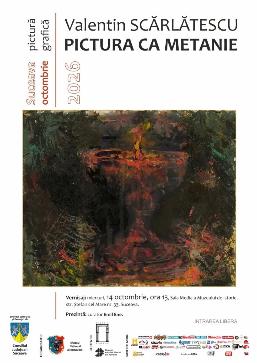 Un afiș prezintă o pictură abstractă cu nuanțe de roșu și negru, textul cu numele artistului și titlul expoziției, precum și detalii despre eveniment.