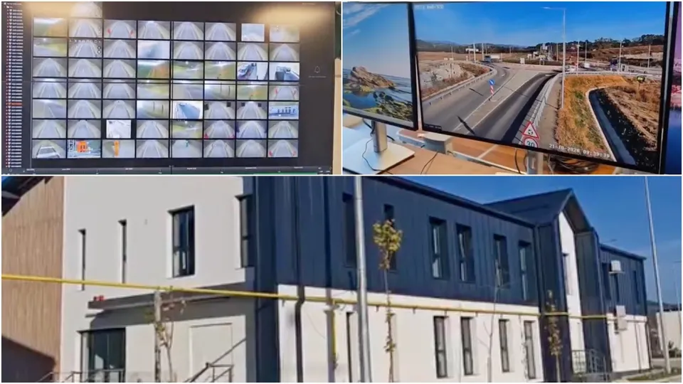 Un monitor afișează mai multe cadre video de supraveghere, iar lângă acesta se vede o ecrană cu o porțiune de drum și o clădire albastră.