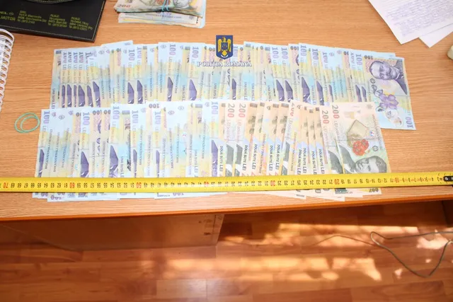 Rânduri de bancnote de 100 și 200 de lei sunt întinse pe o masă de lemn lângă o ruletă galbenă și un dosar negru.