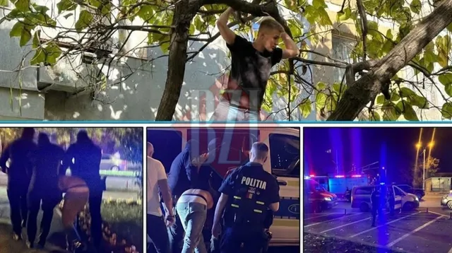 Un bărbat stă în ramurile unui copac, în timp ce în partea de jos apar persoane în uniformă și mașini cu lumină albastră.