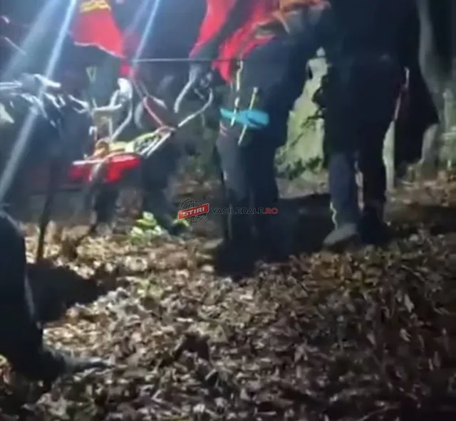 Mai mulți oameni stau pe un teren acoperit cu frunze uscate, purtând haine colorate și echipamente de salvare.