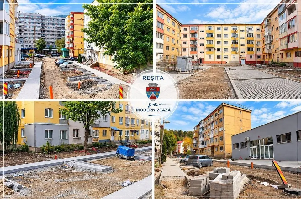 Imagine compusă din patru fotografii cu clădiri de locuințe, zone de construcții cu pietriș, pavaje noi, piese de pavaj și un logo circular central.
