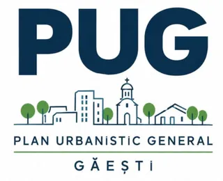 Un logo albastru și verde pe fundal alb prezintă acronimul PUG deasupra unei ilustrații cu clădiri și copaci, sub textul Plan Urbanistic General Găești.