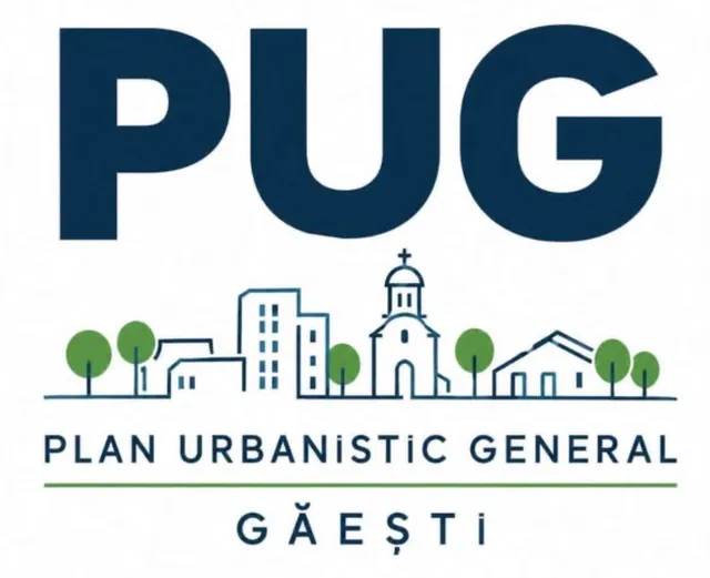 Un logo albastru și verde pe fundal alb prezintă acronimul PUG deasupra unei ilustrații cu clădiri și copaci, sub textul Plan Urbanistic General Găești.