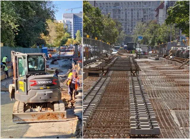 Două imagini de tip colaj prezintă un utilaj de construcții pe un drum și șine de tramvai instalate pe un pat de armătură metalică.