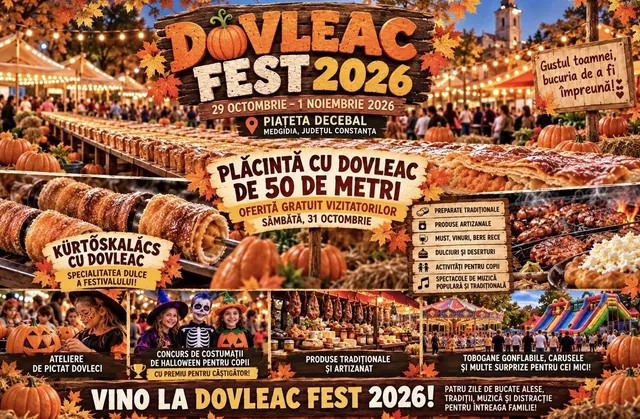 Un afiș publicitar prezintă diverse produse gastronomice, dovleci, oameni la evenimente și elemente de decor de toamnă pe un fundal colorat.