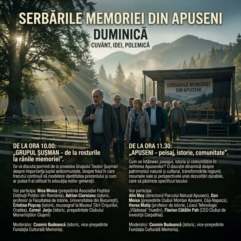 Un grup de oameni stă în fața unei scene de lemn în mijlocul unei păduri cu munți în fundal.