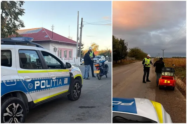 Un politist cu vestă reflectorizantă stă lângă o motocicletă pe un drum, în timp ce un alt agent observă un vehicul roșu pe o stradă.