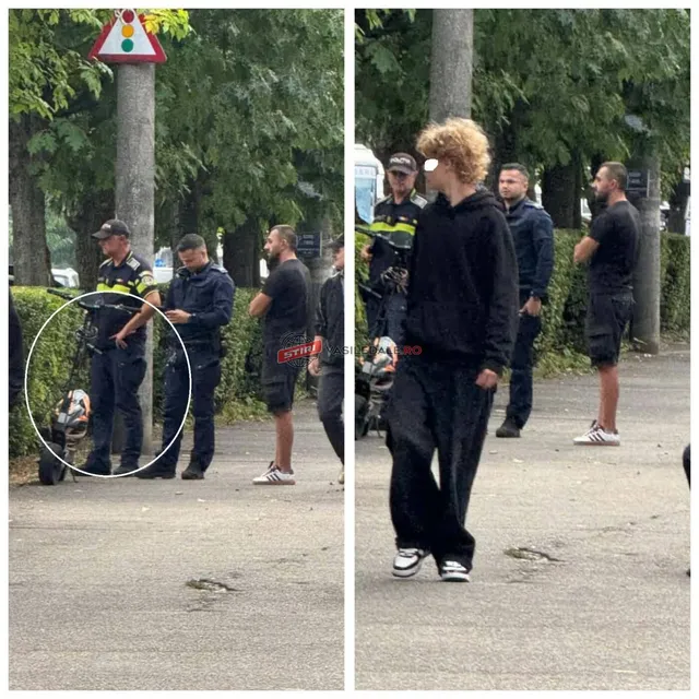 Mai mulți bărbați stau pe un trotuar lângă un stâlp, un oficial în uniformă și o trotinetă electrică aflată pe sol.