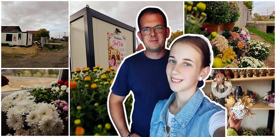 Un bărbat cu ochelari și o femeie zâmbesc în fața unui colaj format din flori, sere și un stand de vânzare.