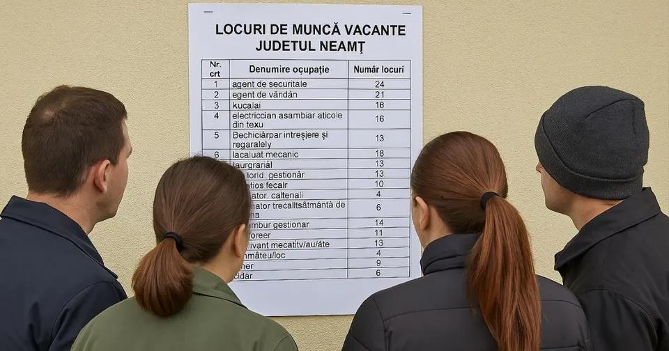 Patru persoane privesc un panou alb cu un tabel care conține liste de ocupații și număr de locuri de muncă.