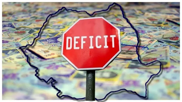 Un semn de stop roșu cu textul alb "DEFICIT" este poziționat pe un fundal format din diverse bancnote colorate.
