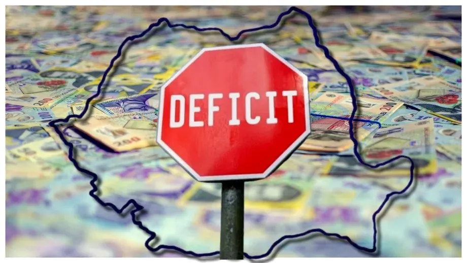 Un semn de stop roșu cu textul alb "DEFICIT" este poziționat pe un fundal format din diverse bancnote colorate.