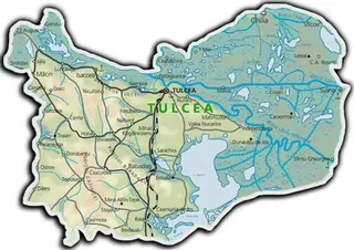 O hartă geografică a județului Tulcea, prezentând limitele teritoriale, rețelele de drumuri, râuri și diverse localități marcate pe un fundal alb.