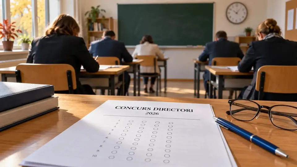 Oameni așezați la birouri în fața unei table verzi, cu un document intitulat CONCURS DIRECTORI pe un birou în prim-plan.
