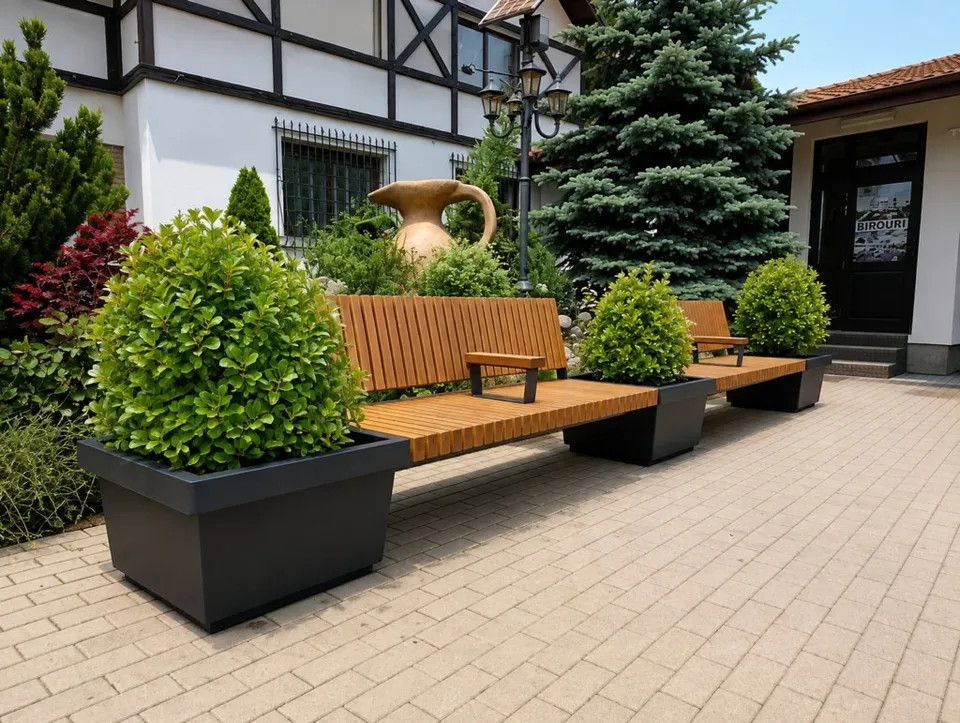 Bănci din lemn, jardiniere negre și arbuști verzi sunt așezate pe o curte pavată, lângă o clădire cu fațadă alb-negru.