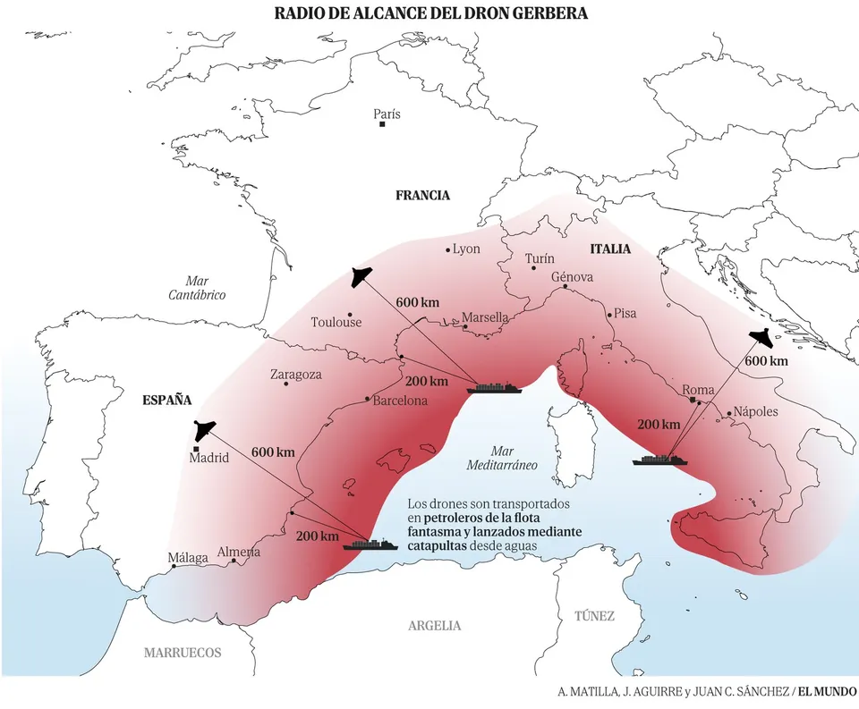 O hartă a Europei de Sud cu zone colorate în roz, indicând distanțe de 200 și 600 de kilometri de la trei nave către diverse orașe.