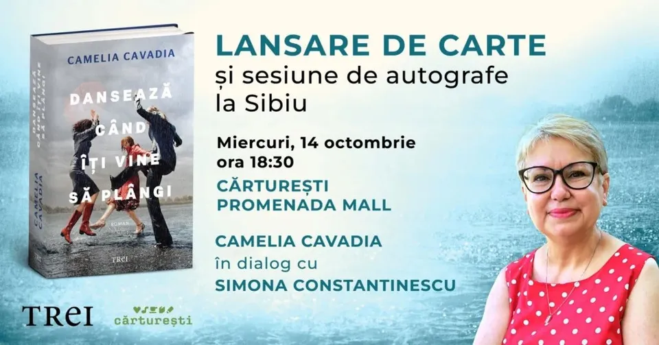 Un afiș prezintă coperta unui roman cu trei siluete de femei și portretul unei femei cu ochelari și bluză roșie cu puncte albe.