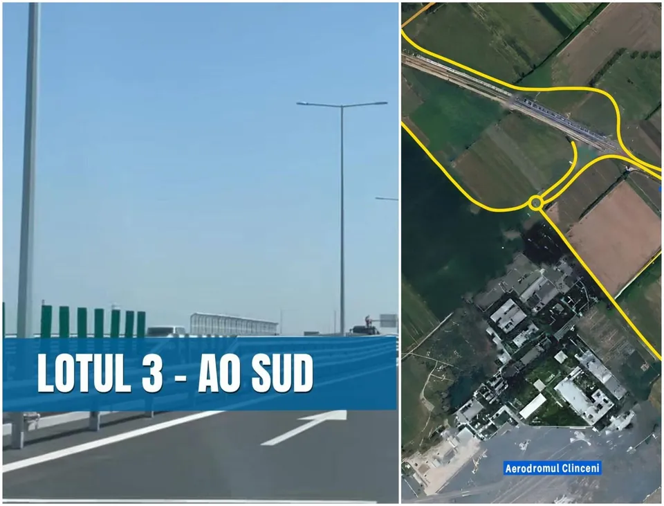 Imagine compusă dintr-o fotografie de la nivelul drumului cu un stâlp de iluminat și o hartă aeriană cu trasee galbene marcate.