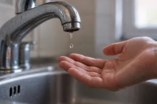 O mână întinsă sub un robinet de metal din care curge o picătură de apă deasupra unei chiuvete de inox.