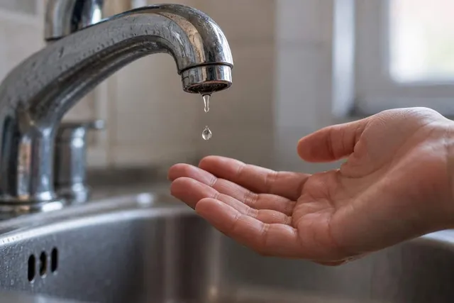 O mână întinsă sub un robinet de metal din care curge o singură picătură de apă într-o chiuvetă de inox.
