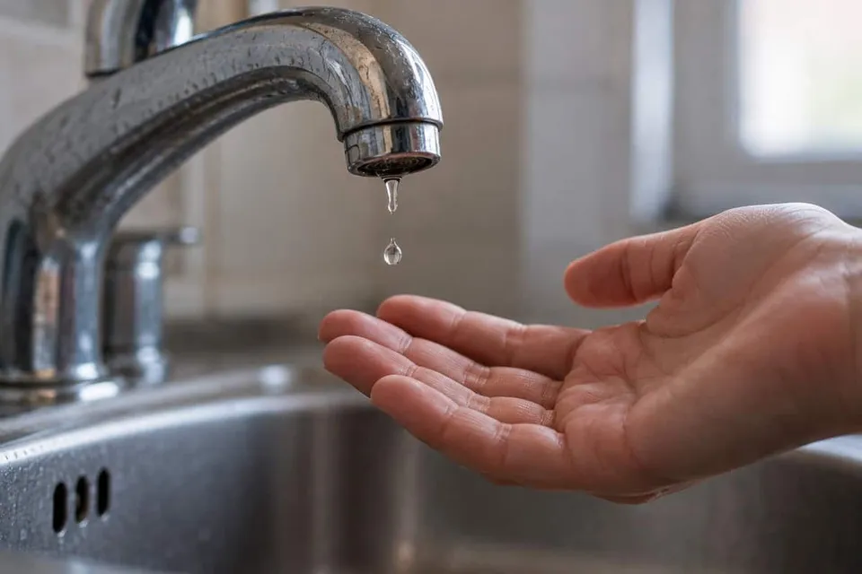 O mână întinsă sub un robinet de metal din care curge o singură picătură de apă într-o chiuvetă de inox.