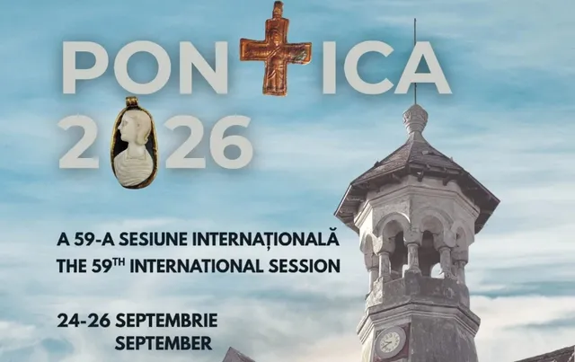 Un afiș cu textul PONICA 26, o imagine cu un bust într-o ramă și o cruce, deasupra unei turnuri sub un cer înzăpezit.