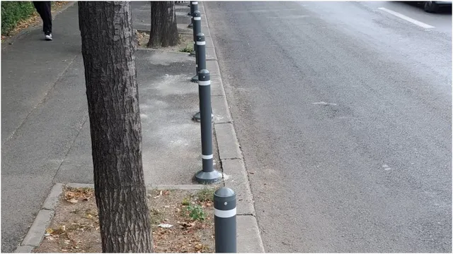 O serie de stâlpișori metalici gri sunt montați pe trotuar, lângă un copac și marginea unei străzi asfaltate.