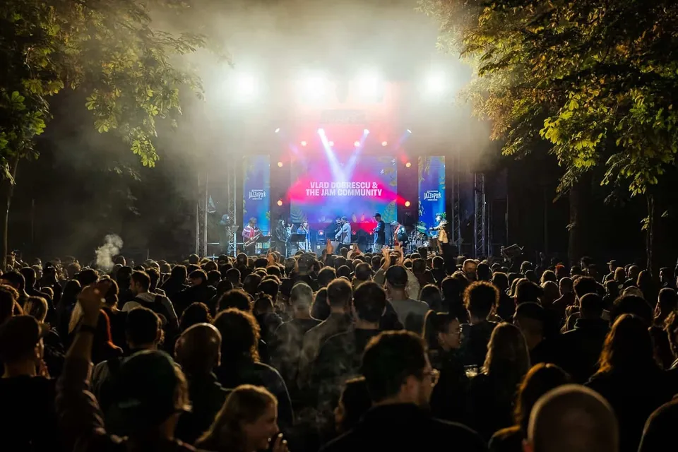 O mulțime de oameni stă în fața unei scene iluminate cu lumini colorate și fum, sub coroana unor copaci în timpul nopții.