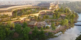 O reprezentare arhitecturală a unui complex modern cu terase verzi, copaci și zone de plimbare situat lângă un corp de apă.