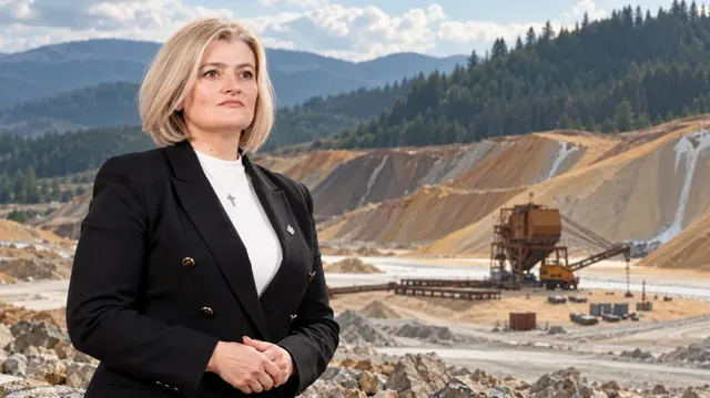 O femeie cu părul blond, purtând un sacou negru peste un tricou alb, stă în fața unei zone de exploatare montană cu utilaje industriale.
