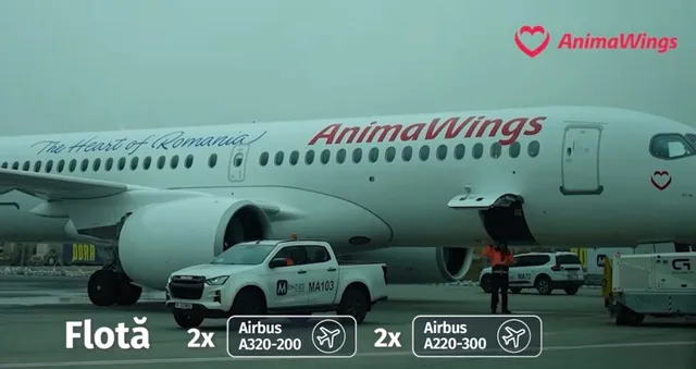 Un avion alb cu inscripția AnimaWings și textul The Heart of Romania stă pe pista de decolare lângă un pickup alb.